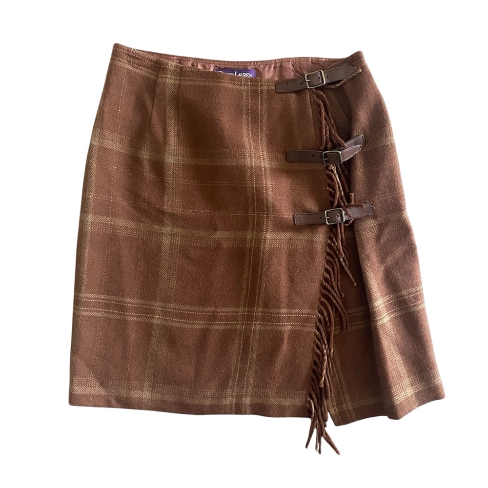 Ralph Lauren Purple Label Brown Plaid Fringe Buckle Wrap Mini Skirt